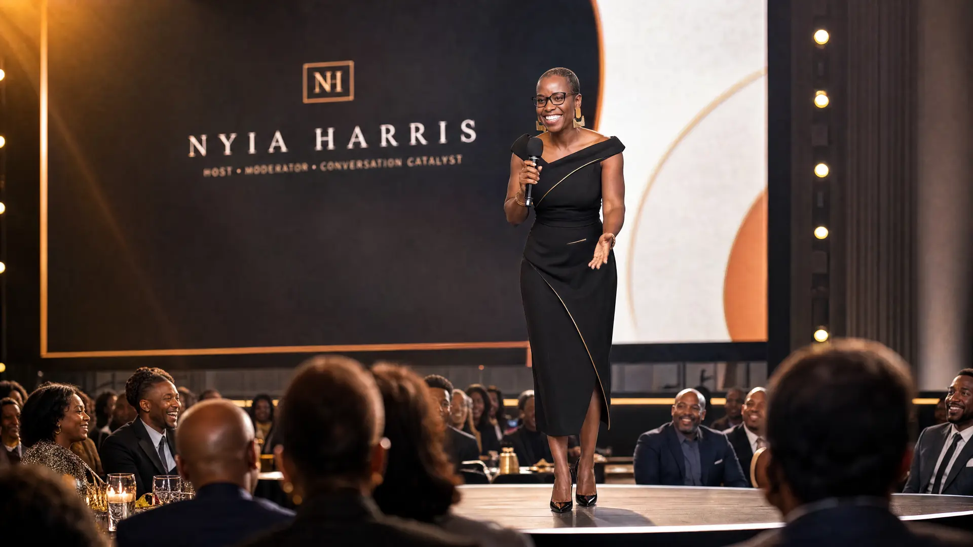 Nyia Harris on stage in a black gown, hosting and moderating with a microphone