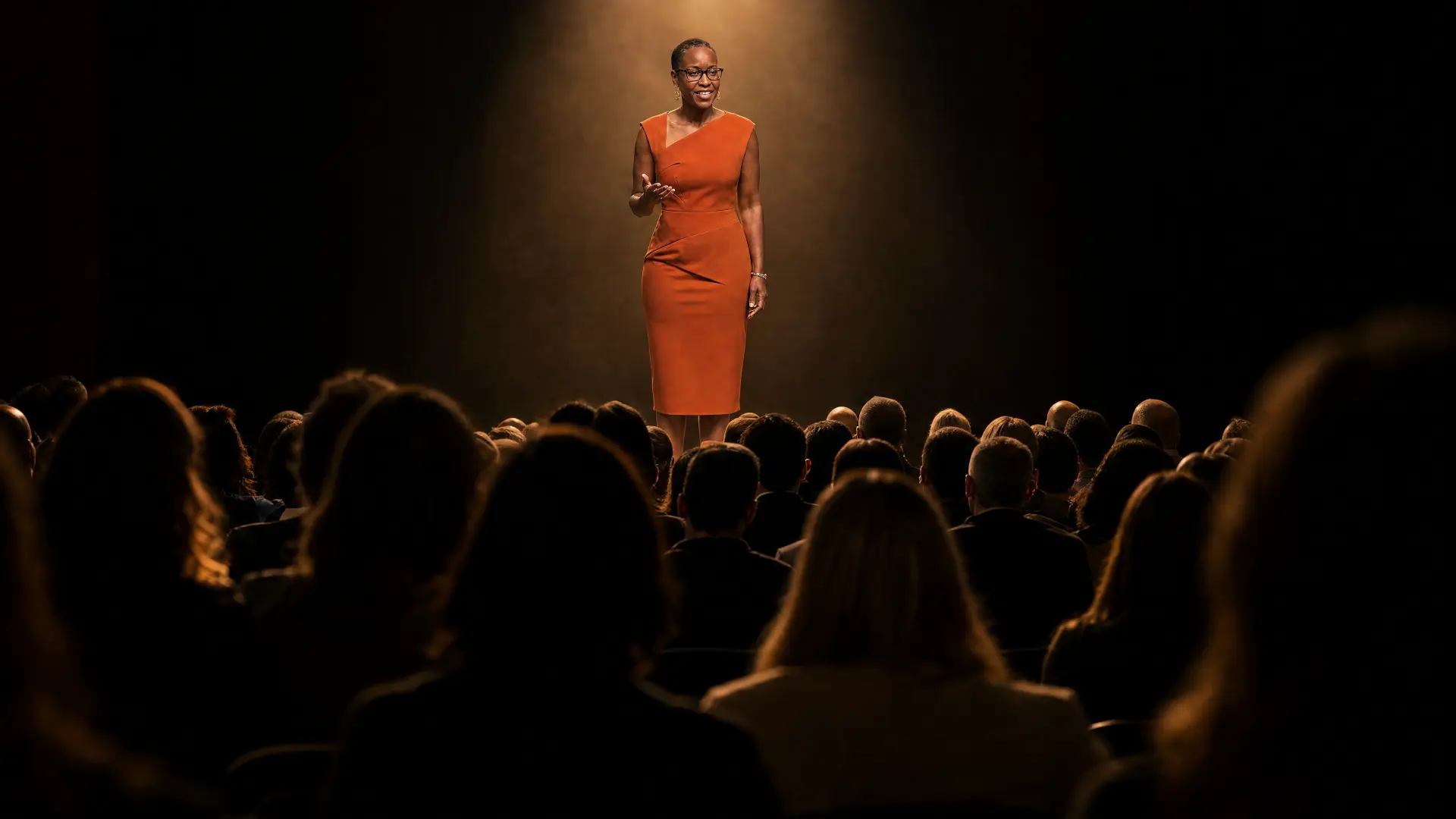 Nyia Harris on stage in a terracotta dress, speaking to an audience under a spotlight
